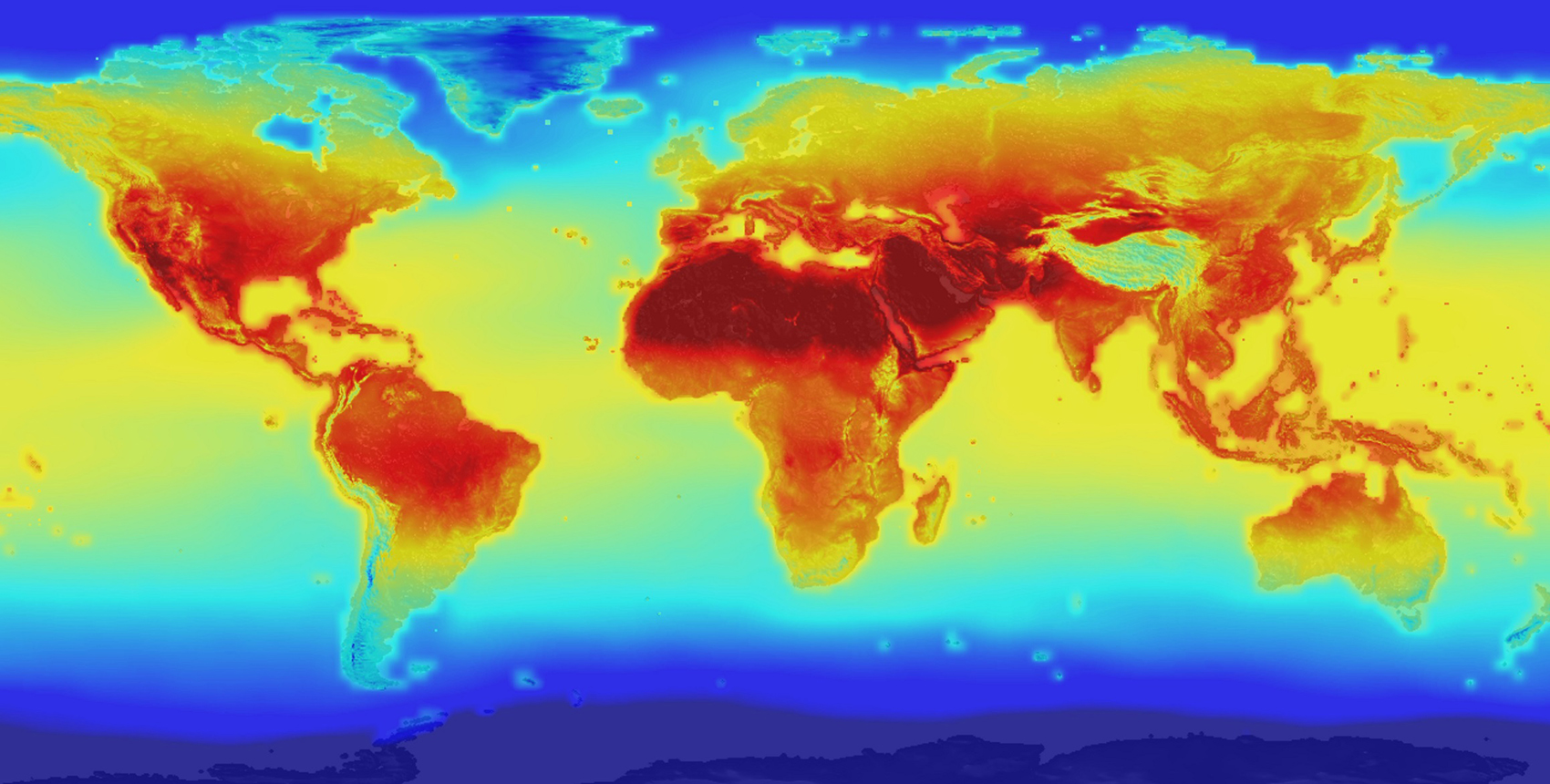A false color map of the world with red, orange and yellow indicating predicted temperature increases due to greenhouse gases.