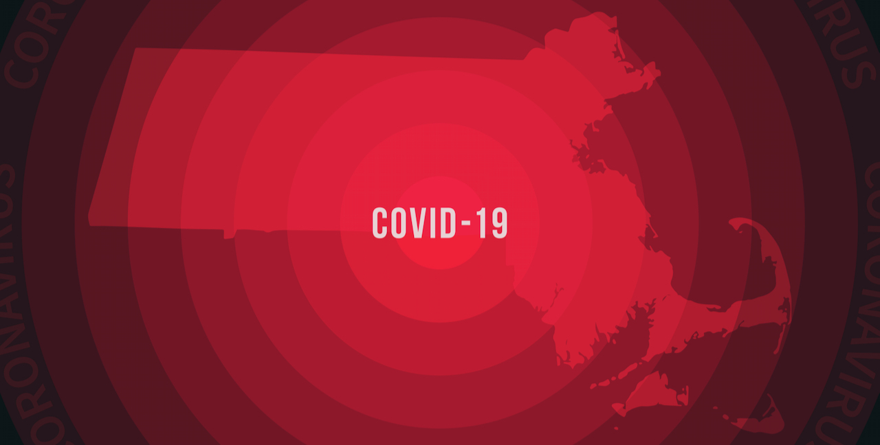 A map of Massachusetts in red labeled COVID-19