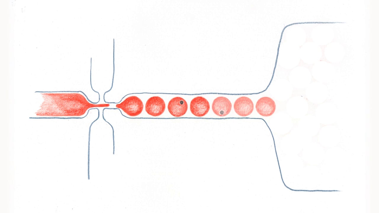 Illustration of line of drops being injected into a container