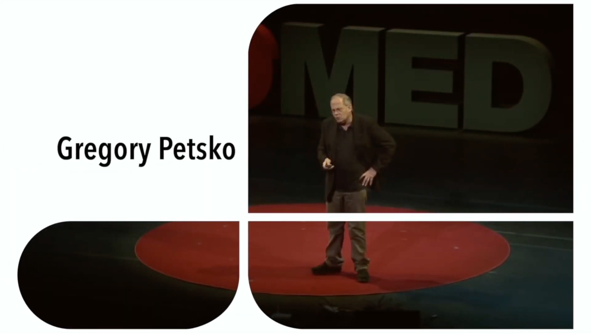 Title screen says "Gregory Petsko" in one corner. Three stylized boxes reveal Petsko standing on a dark stage beneath a spotlight, presumably giving a talk