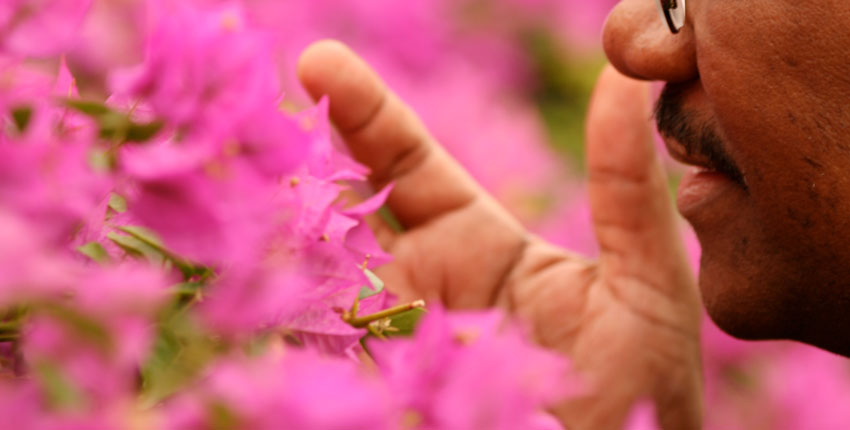 man smelling flowers