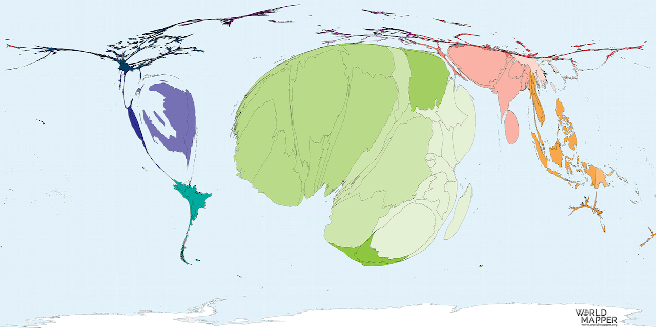 A map of the world with countries resized to make the countries where most people died in epidemics bigger.