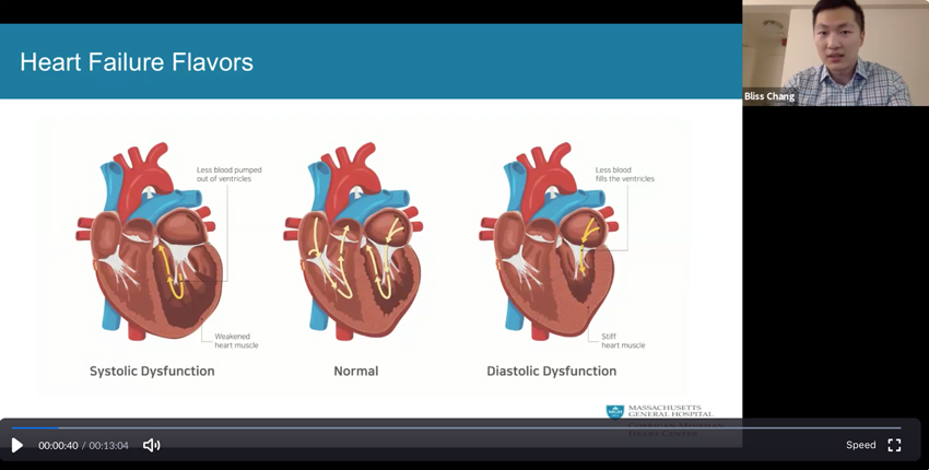 screen grab of Chang on video screen and slide with digital illustrations of a heart