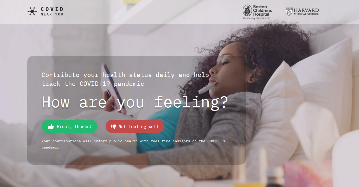 Screen shot of a person in bed with a thermometer beneath the question, "How are you feeling?" and the options "Great, thanks" or "Not feeling well"