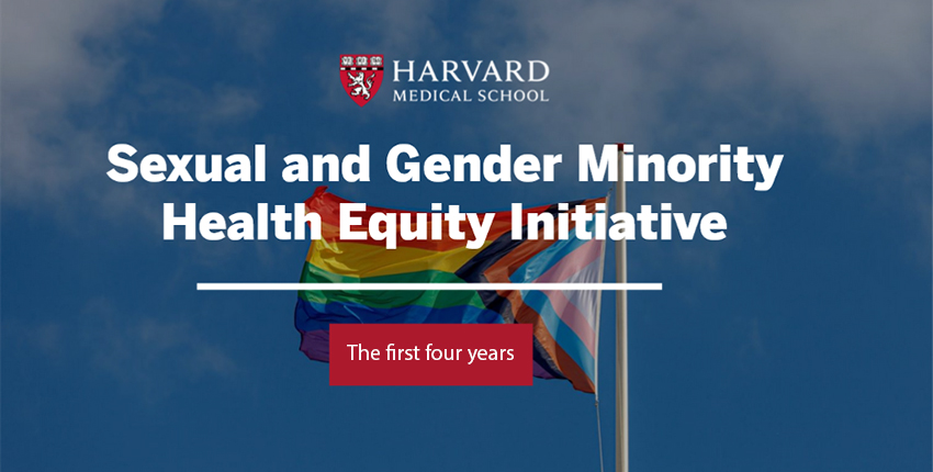 pride and trans flag waves in background. over it is the HMS logo and the title "Sexual and Gender Minority Health Equity Initiative." below in a red box it says "the first three years."