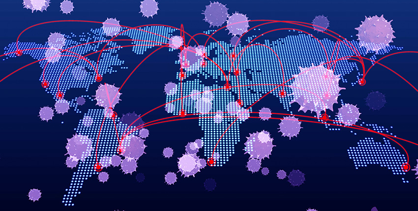 digital illustration of the world, connecting lines and floating viruses
