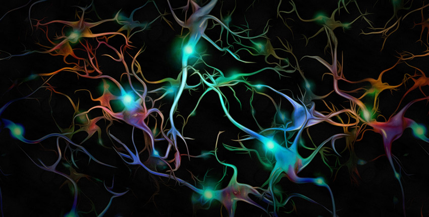 colorful digital illustration of brain cells firing on black background