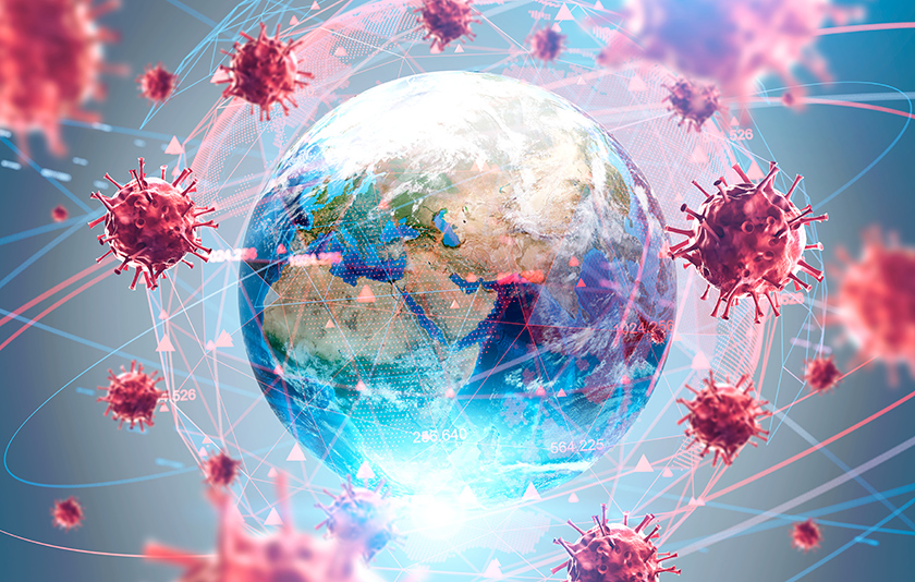globe surrounded by corona viruses
