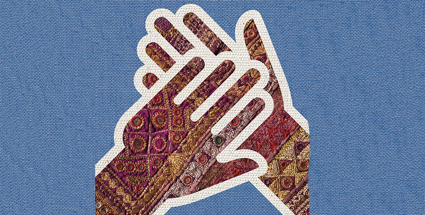 illustration of crossed hands with a textured knitted-looking surface