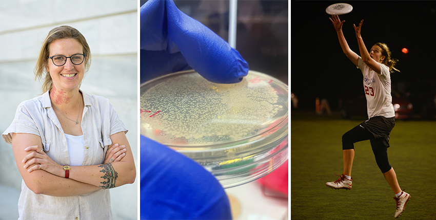 three images side by side. left: portrait photo of a young woman with crossed arms and a tattoo on her left forearm. Center: close-up of a gloved hand holding a round plate with specks on it. Right: the same young woman, wearing athletic gear on a field at night, leaps to catch a frisbee near her fingertips.