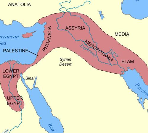 simplified map shows Middle East in yellow and arc of the Fertile Crescent in red, with Mesopotamia labeled