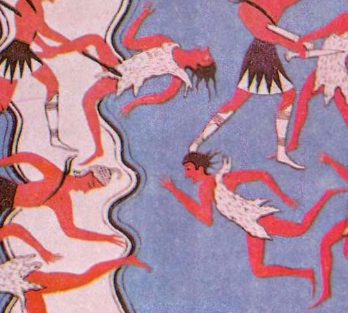 portion of a Mycenaean fresco found at the Palace of Nestor depicting people fighting at all angles, wearing tunics