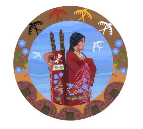 An adult wearing a baby in a pack stands at the center of a circle. At the top of the circle, black, red, yellow, and white thunderbird pictographs soar. Blue flowers on the sides of the circle illustrate the many plant medicines that Indigenous Americans have used to heal the community, family, and person. Two light blue thunderbirds in the sky represent the positive influence of the spirits of the ancestors on all people, from infancy to adulthood. The bottom of the circle is lined with a group of wigwams