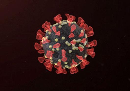 A single red viral molecule on a black background