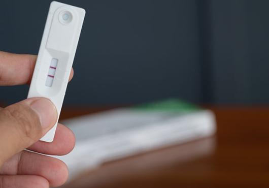 A person holds an at-home COVID test displaying two dark red lines