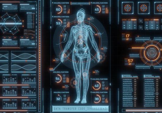 Digital illustration of human body on a futuristic computer screen