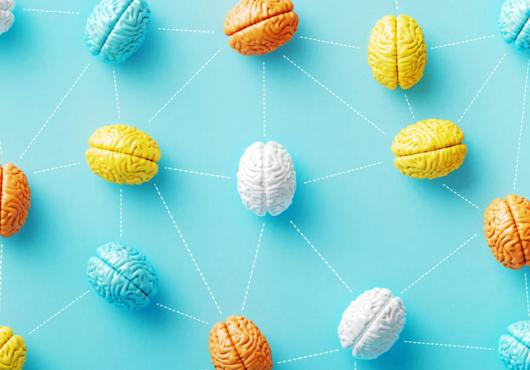 Many multicolored, stylized brains connected by dotted lines