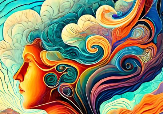 An abstract, colorful image of a human profile with swirling patterns behind the face
