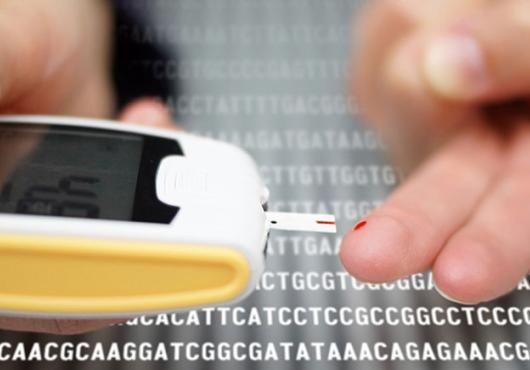 hands of a person doing a finger-stick blood sugar test. instead of a tabletop, the surface shows lines of DNA code