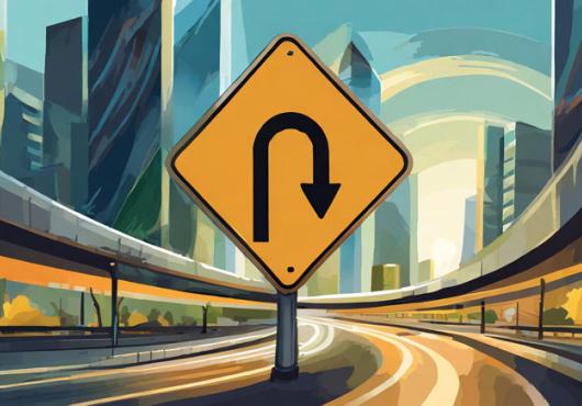 An illustration of yellow U-turn sign on a curved highway