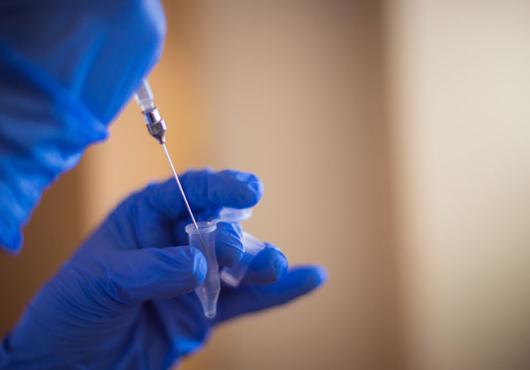 blue-gloved hands holding a syringe and a small test tube