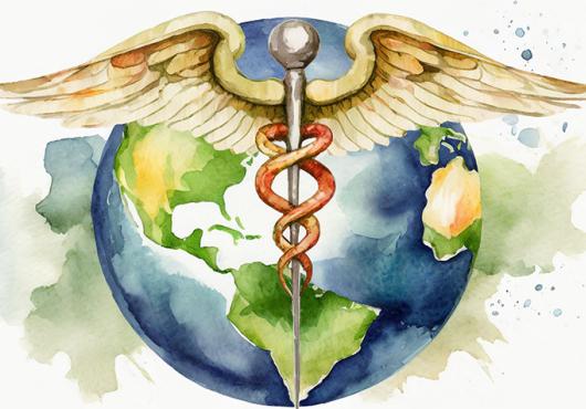 Watercolor-style image of a caduceus in front of the planet Earth