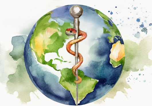 Rod of Aesclepius in front of a globe, all in watercolor style