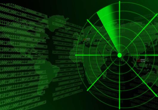 A green and black graphic with a radar target, binary code, and a world map