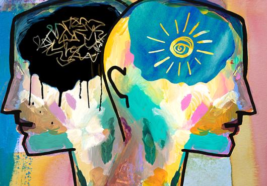 Artwork depicts two silhouetted heads facing away from each other. One has a dark cloud with scrambled lines in it where the brain would be, representing low mood. The other head has a shining sun.