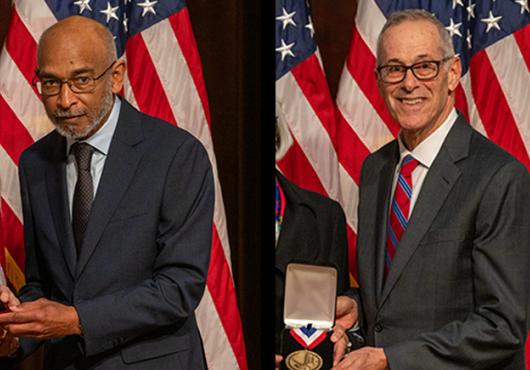 Images of Emery Brown and David Walt holding medals