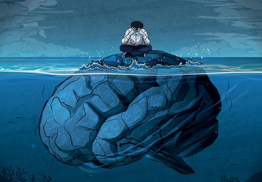 Animation of a brain submerged in water and a human sitting on top clutching their head in their hands.