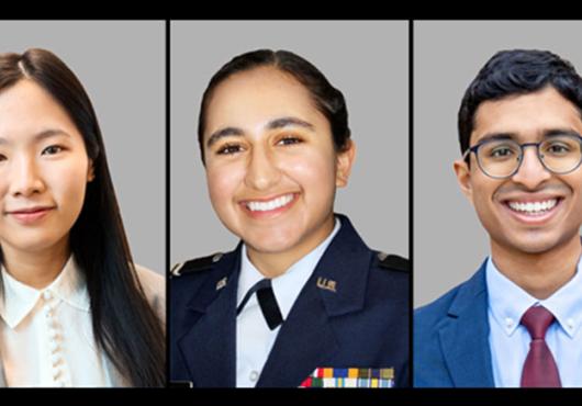 three portrait photographs, from left to right: Carina Shiau, Jupneet Singh, and Sreekar Mantena