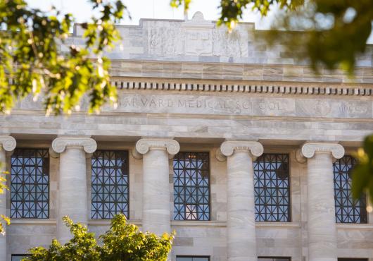 Facade of Harvard Medical School’s Gordon Hall with columns, seen through tree branches.