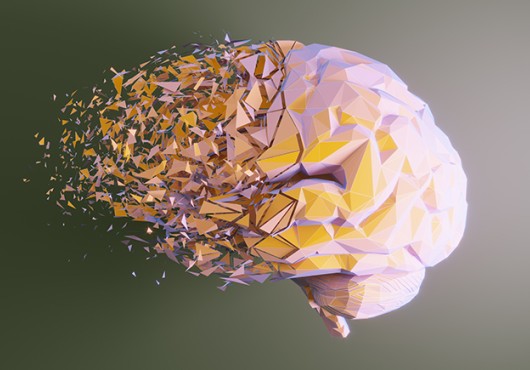 Artistic rendition of a brain with a mosaic-textured surface breaking apart in the front