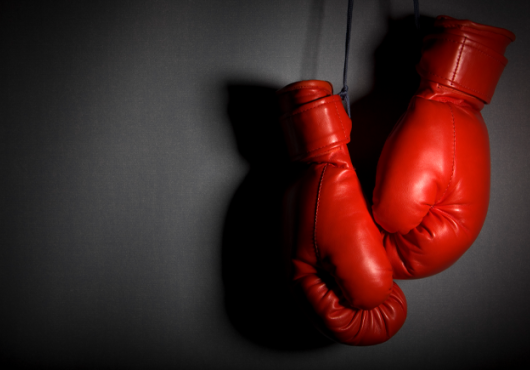 A pair of dramatically lit boxing gloves hanging on a wall