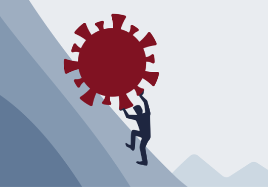 A stylized drawing of a dark blue human figure pushing a large, red virus up a hill