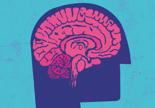 An abstract drawing of a pink brain inside a purple head on a blue background