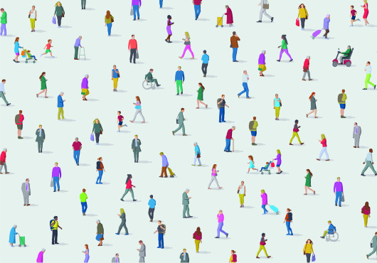 Illustration of several dozen people of different ages, from children to older adults, walking and/or using mobility aids