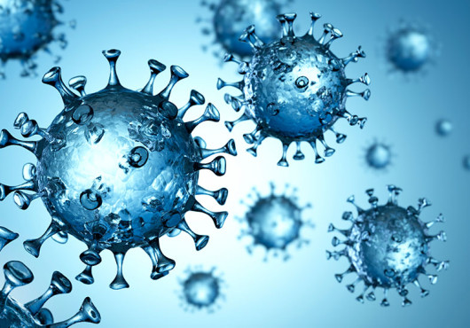 SARS-CoV-2 virus floating with a blue background