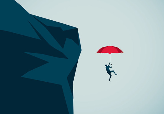 Illustration of a person falling off a cliff with a red umbrella