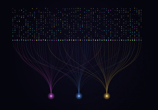 An abstract illustration shows how three colorful, glowing balls generate a complex array of data points. 