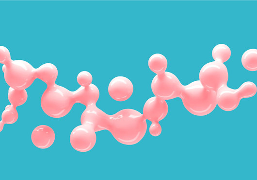 Illustrated pink droplets form the abstract shape of a molecule with a shiny, glue-like texture.