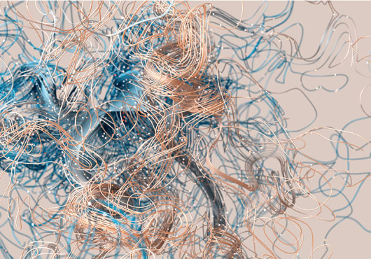 Tangled bronze and blue lines on a cream background