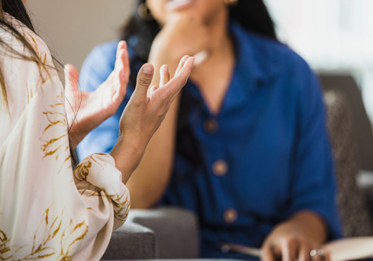 Close-up of the torsos of two people sitting and talking, with one person gesturing with their hands while the other listens with a notebook in their lap.