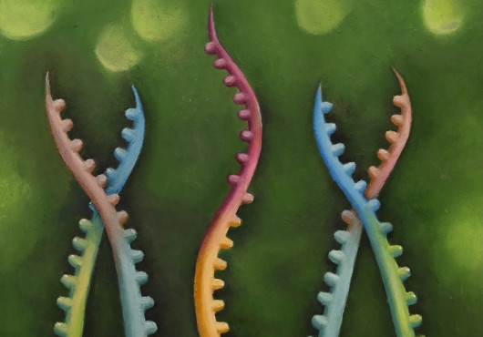 A watercolor painting depicting several colorful mRNA strands growing like vines on a green background.