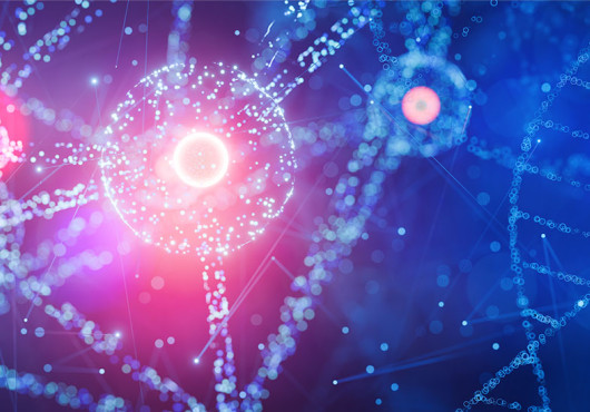 Abstract illustration of glowing DNA strands and molecular structures in blue and pink.