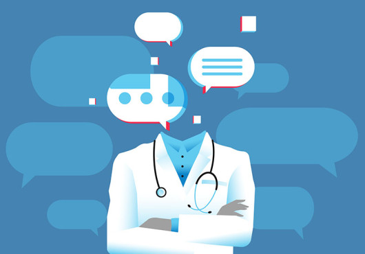 An illustration of a doctor in a white coat with speech bubbles representing a digital dialogue between the doctor and an AI chatbot.