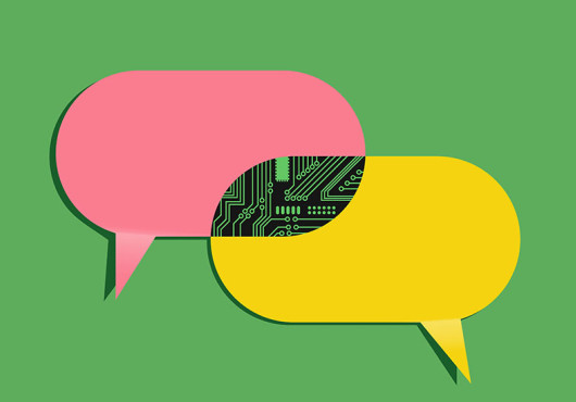 Illustration of two speech bubbles with circuitry where they overlap