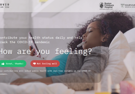 Screen shot of a person in bed with a thermometer beneath the question, "How are you feeling?" and the options "Great, thanks" or "Not feeling well"