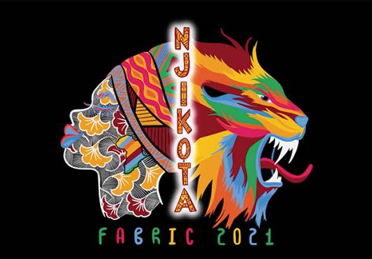 Fabric logo with multi-colored illustration of African woman and colorful lion with the word Njikota on black background